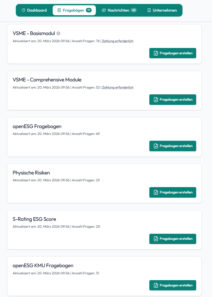 Flexible Fragebögen - Übersicht der openESG Fragebogen-Templates